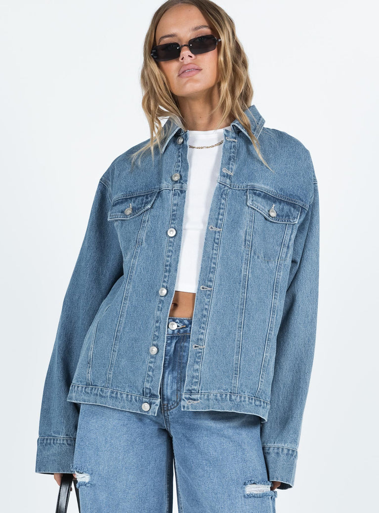 Blue denim jacket Mid wash denim Pointed collar Button fastening at front Twin chest pockets Single button cuff Non-stretch Unlined