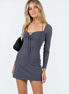 Front view of model wearing  front Princess Polly Square Neck  Stassie Mini Dress Grey