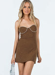 Front view of model wearing  front Princess Polly Asymmetric Neckline  Feels Like Summer Mini Dress Brown