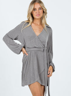 Front view of model wearing  front Princess Polly V-Neck V-Neck  Party Time Mini Dress Slate Grey