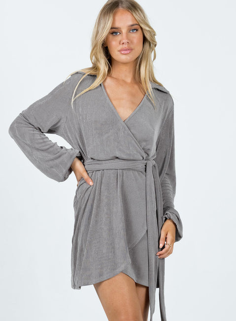 Front view of model wearing  front Princess Polly V-Neck V-Neck  Party Time Mini Dress Slate Grey