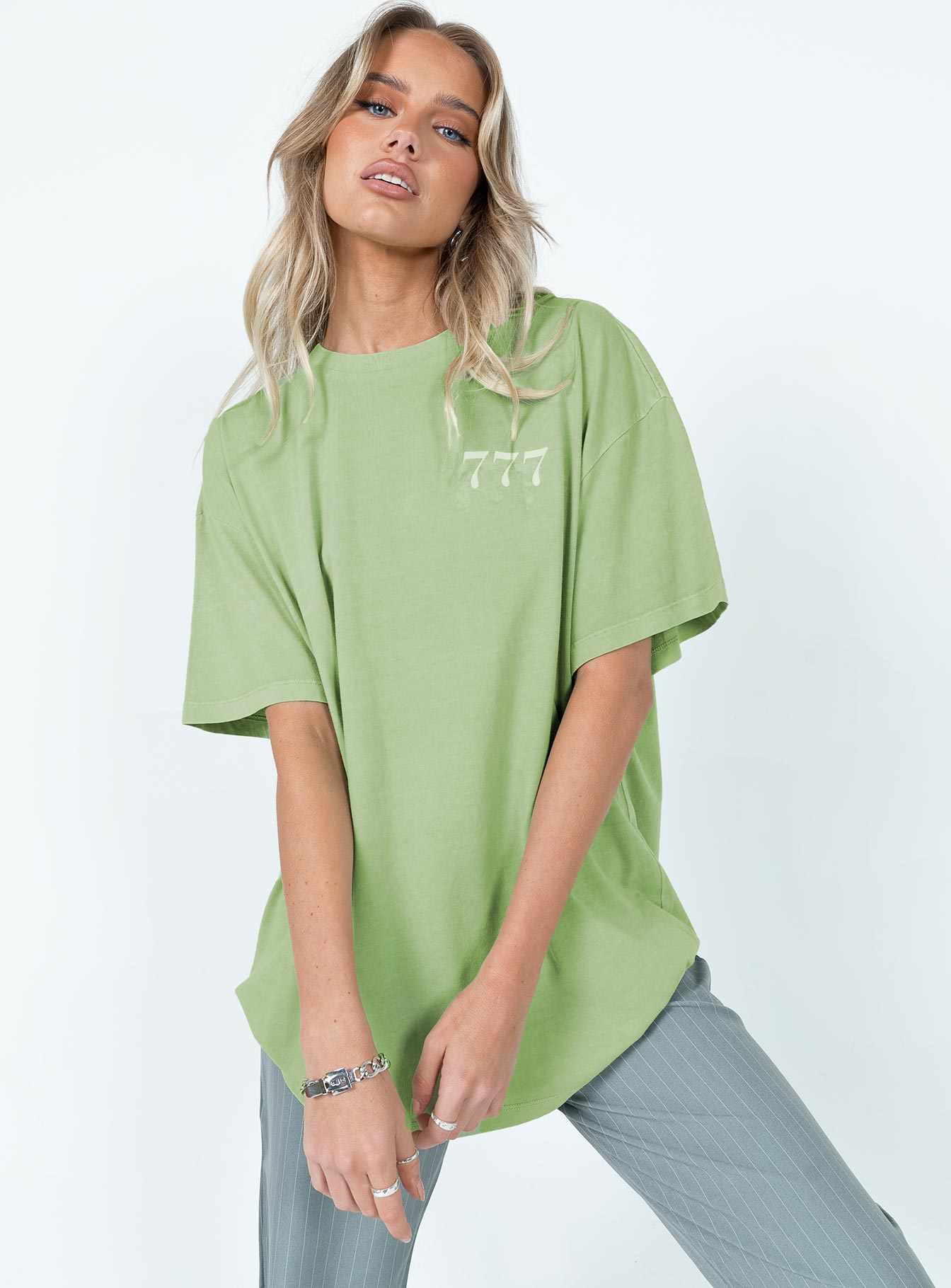 product Princess Polly Half Sleeves Crew Neck  Organic 777 Luck Oversize Tee Green