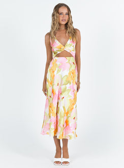 Front view of model wearing  front Princess Polly Asymmetric Neckline  Talbery Midi Dress Multi