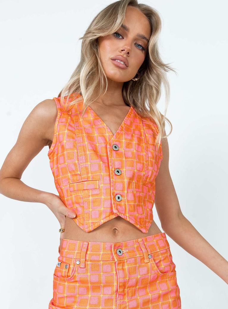 Orange vest top 100% cotton Denim material  Geometric print  V neckline  Button front fastening Twin front pockets  Pointed hem 