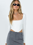 Long sleeve bustier Ribbed material Square neckline Boning through front Zip fastening at back Pointed hem Good stretch