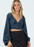 Front view of model wearing  front Princess Polly Full Sleeves V-Neck  Senza Top Navy