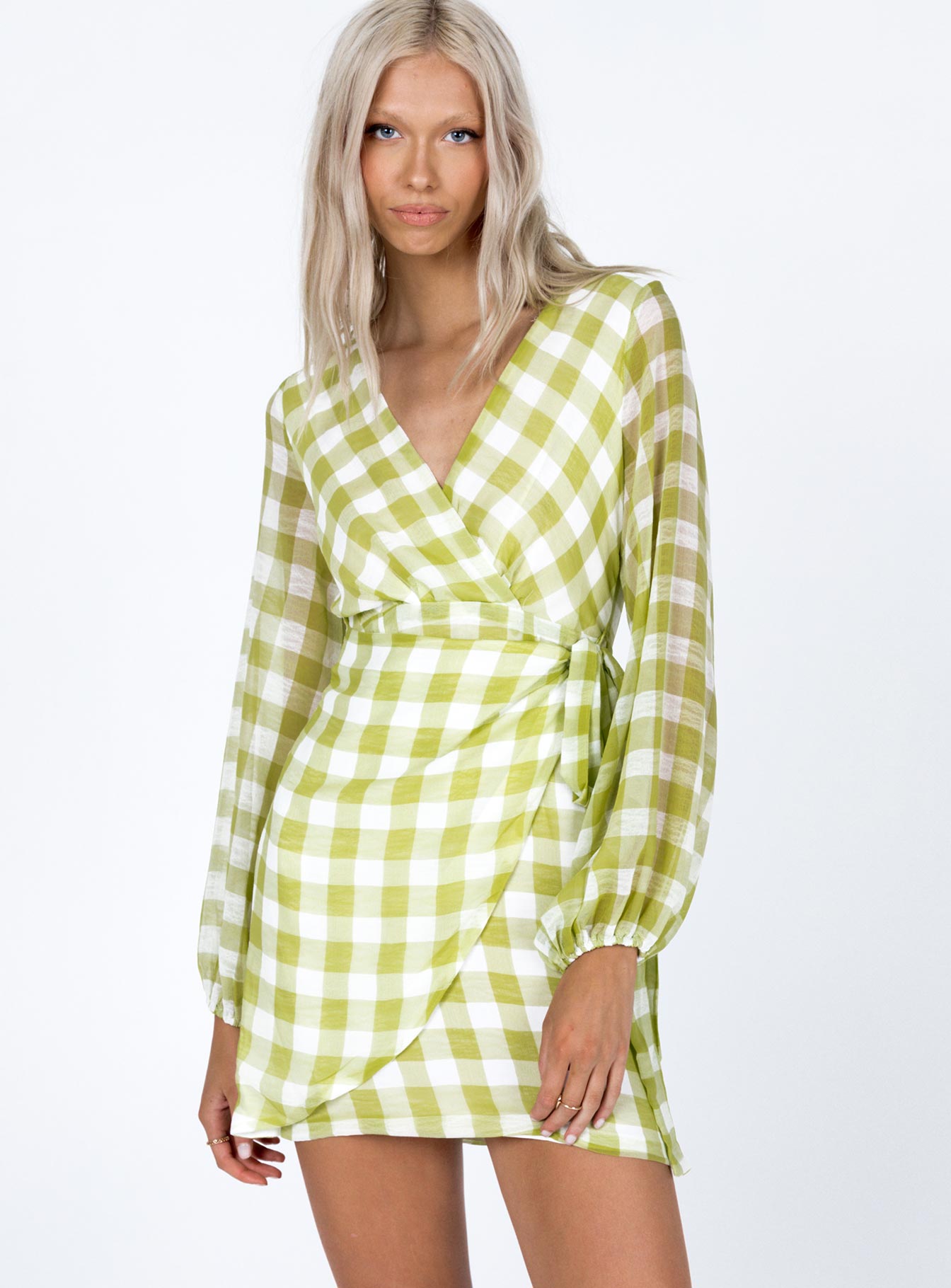 front view of model wearing Princess Polly Sylas Mini Dress Green / White 