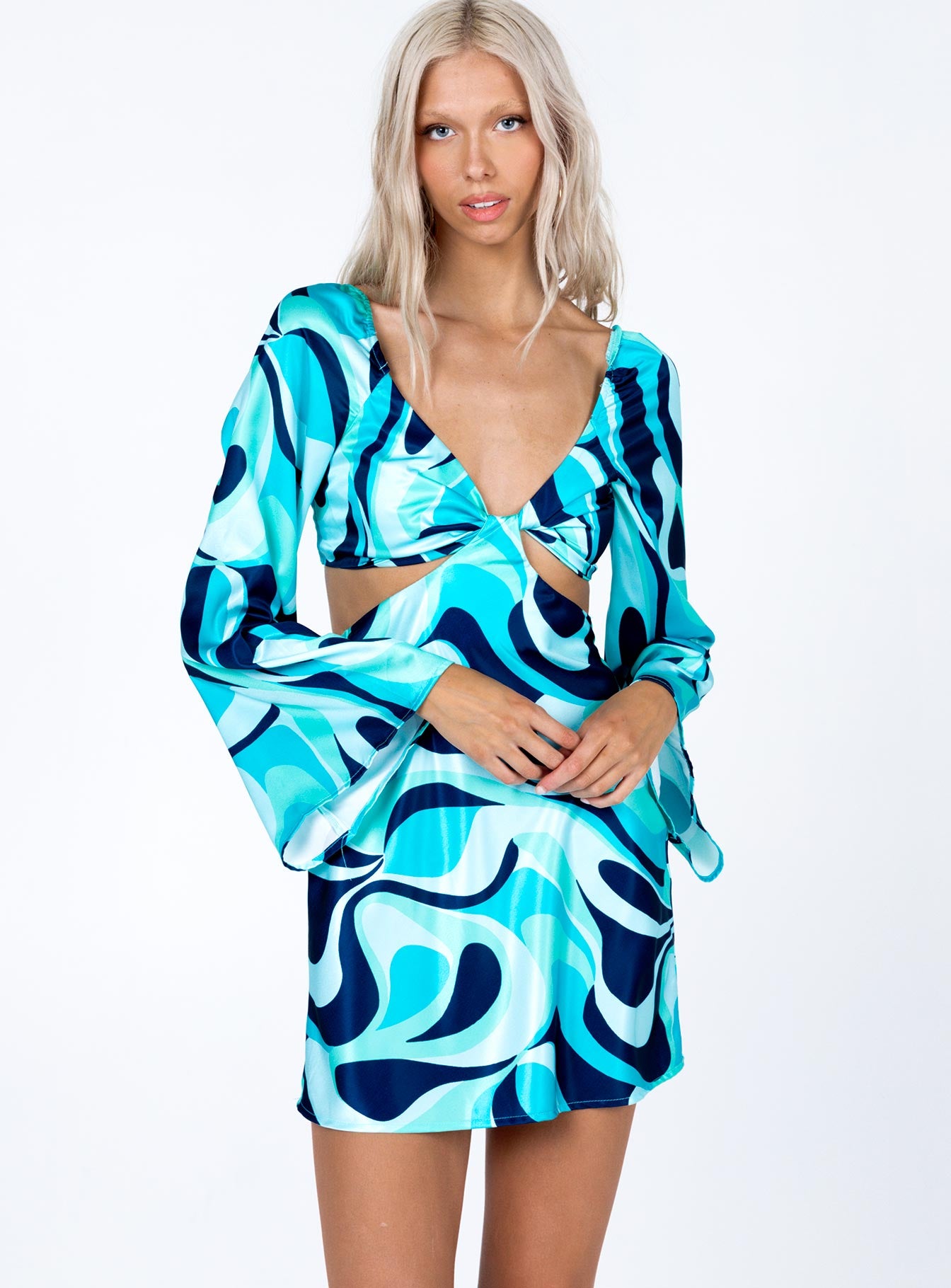 front view of model wearing Princess Polly Dominique Mini Dress Blue Multi 