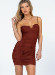 front view of model wearing Princess Polly I Want You Mini Dress Brown 