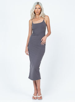 front view of model wearing Princess Polly Elle Open Back Midi Dress Grey Scoop Neck 