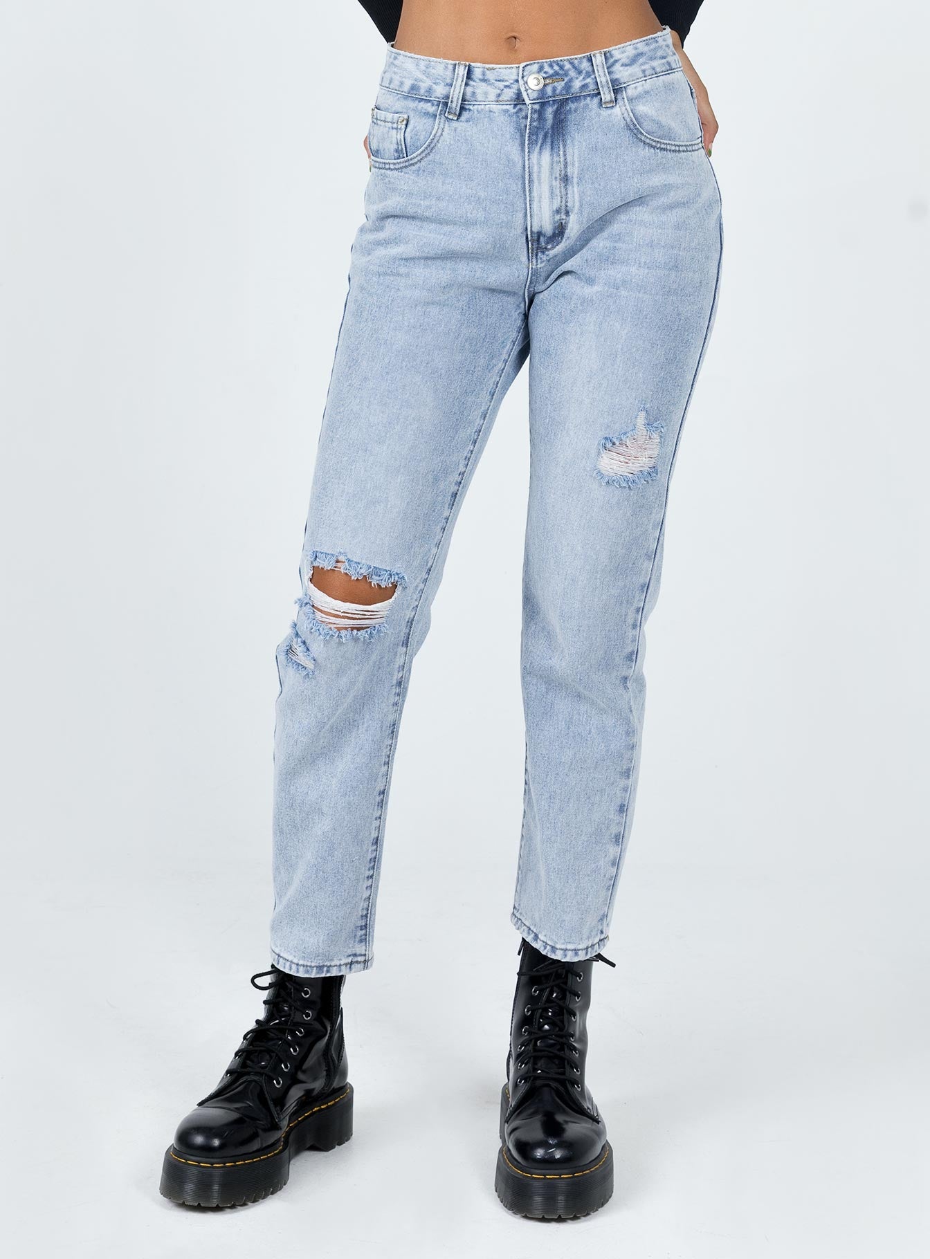 front view of model wearing Princess Polly Valencia Denim Jeans Mid Rise 