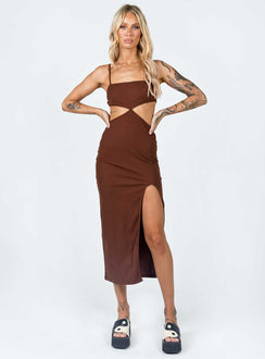 front view of model wearing Princess Polly Elliot Midi Dress Brown 