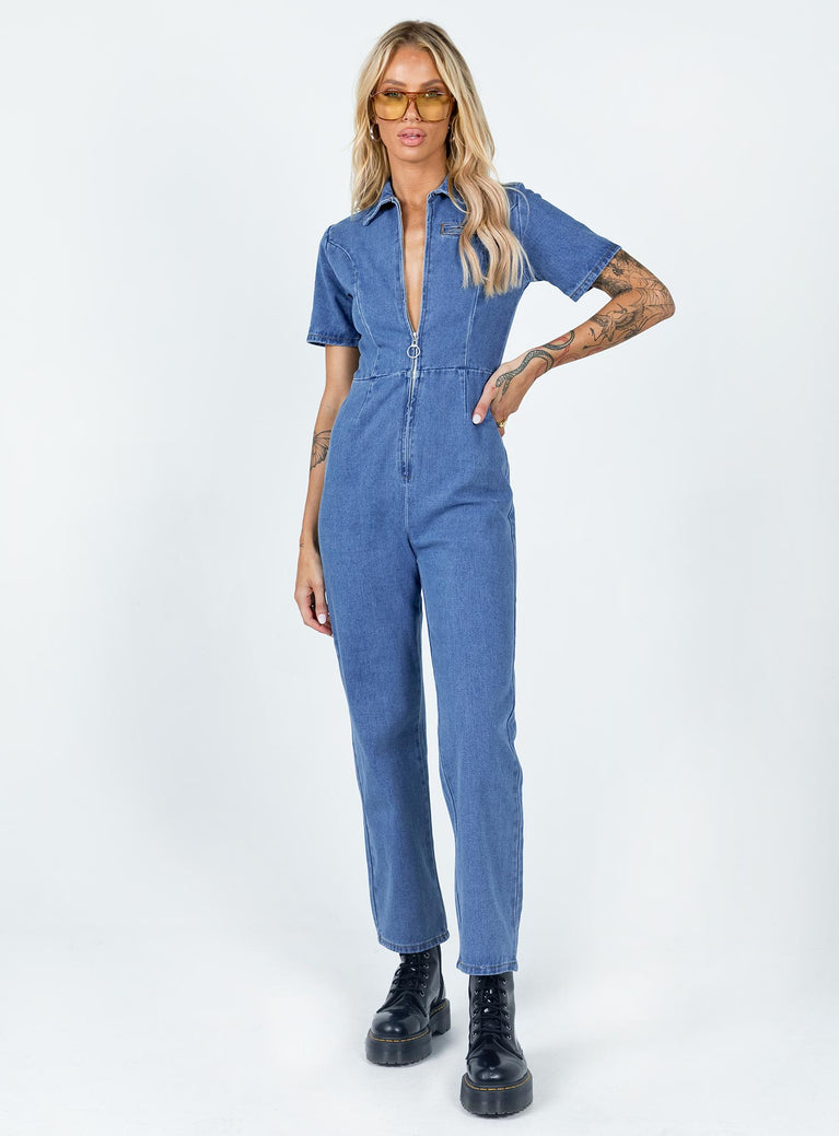 Bolier suit Slim fitting  Princess Polly Exclusive 100% Cotton Length of size US 4 / AU 8 shoulder to hem: 142cm / 55.9"  Dark wash denim  Classic collar  Zip front fastening  Faux chest pocket  Staright leg  Non-stretch Unlined 