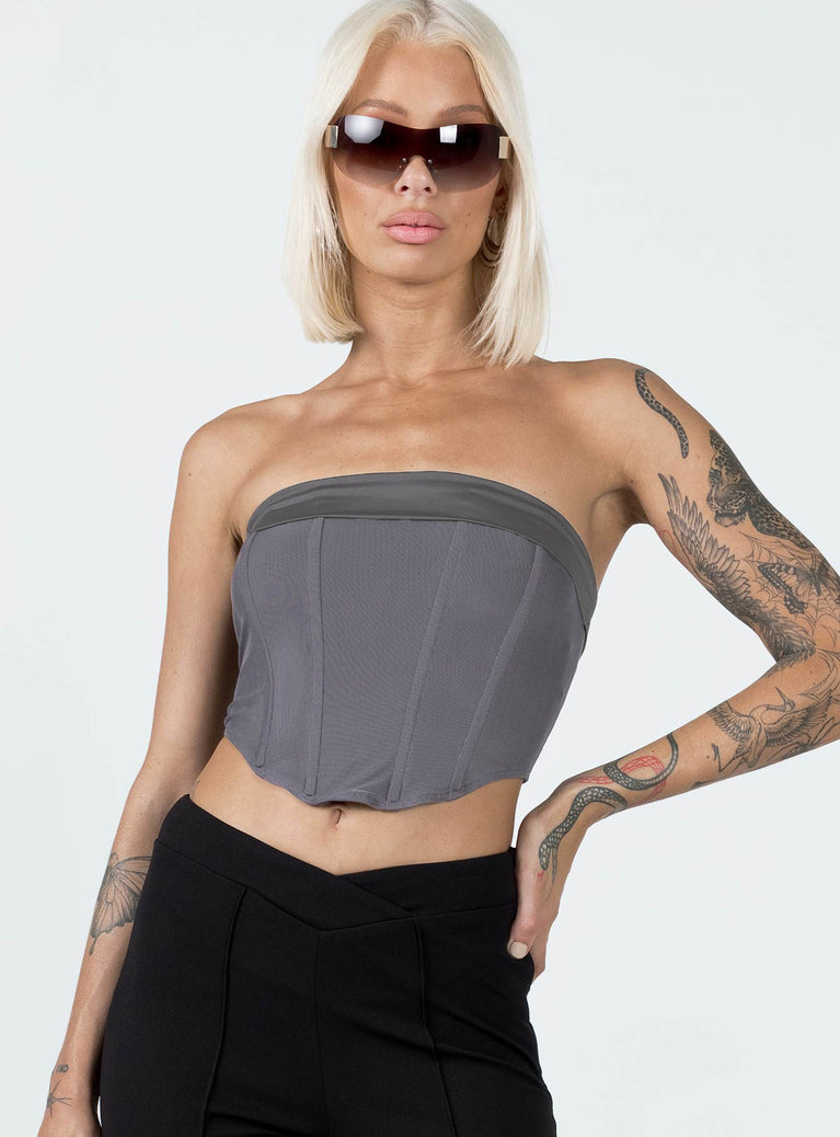 Front view of model wearing  front Princess Polly  Alma Strapless Top Slate