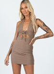 front view of model wearing Princess Polly Shiloh Halter Mini Dress Brown 