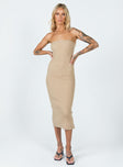 front view of model wearing Princess Polly Ethan Strapless Midi Dress Beige 