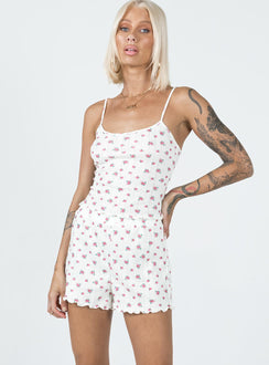 Matching set Floral print  Crop top Adjustable shoulder straps  Shorts  Elasticated waistband  Lettuce edge hem  Good stretch 