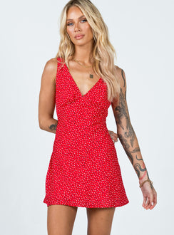 front view of model wearing Princess Polly Nellie Mini Dress Red Floral V-Neck 