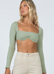 front view of model wearing Princess Polly Becca Long Sleeve Crop Top Sage 