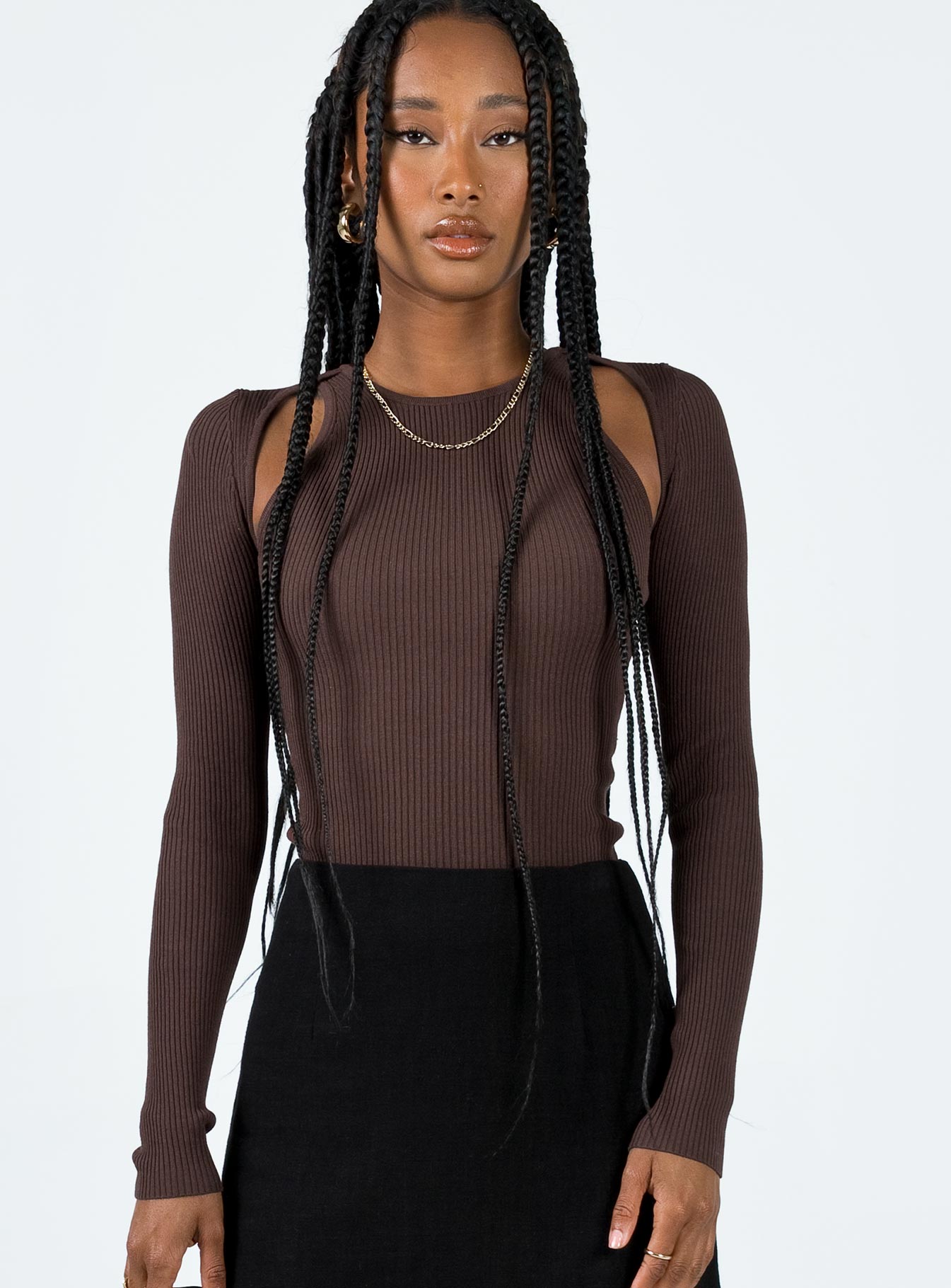 Front view of model wearing  front Princess Polly Full Sleeves Crew Neck  Venetia Long Sleeve Top Brown