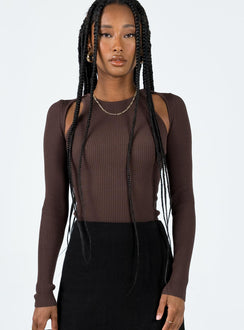 Front view of model wearing  front Princess Polly Full Sleeves Crew Neck  Venetia Long Sleeve Top Brown