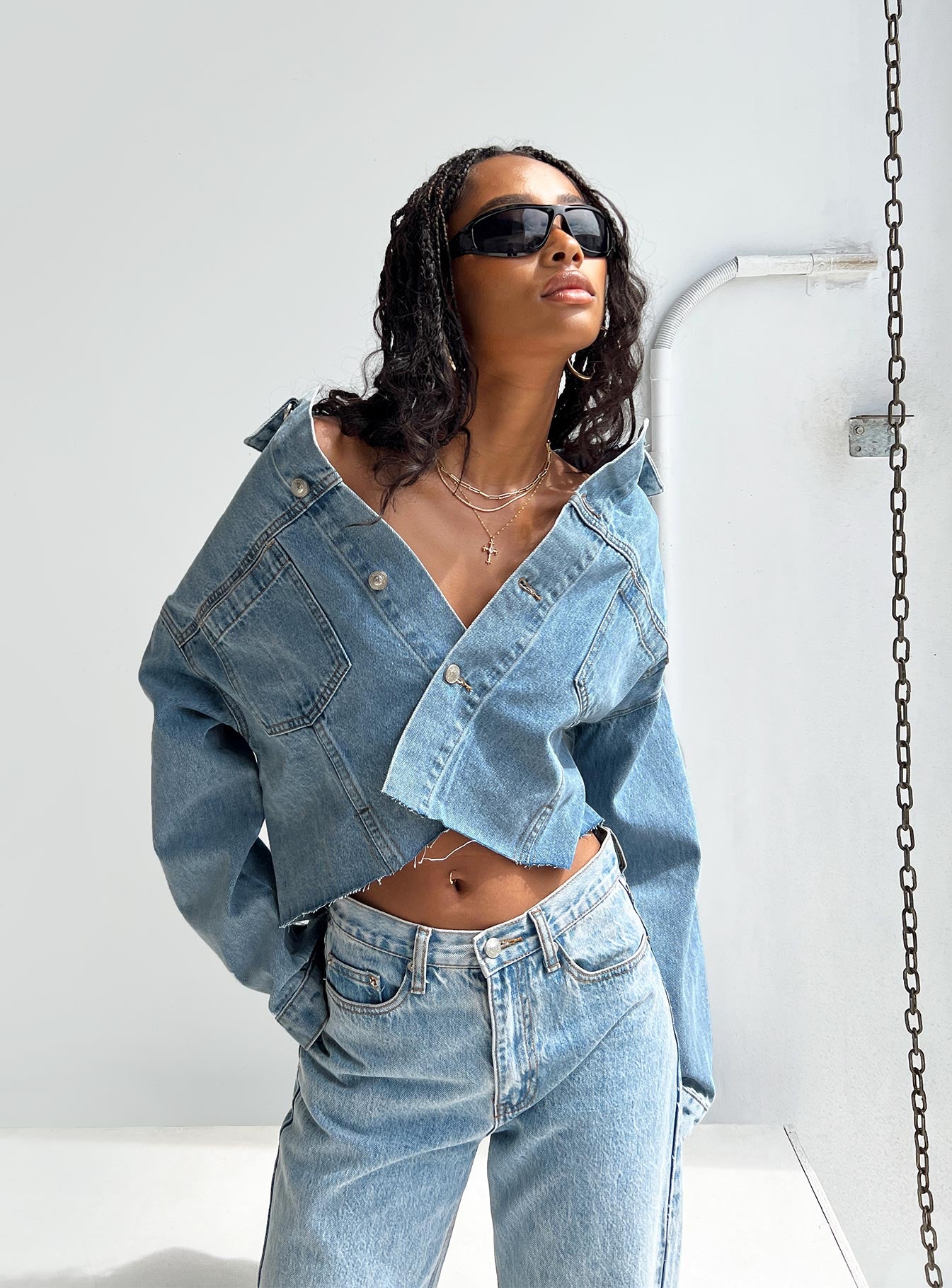 Off the shoulder shop cropped denim jacket