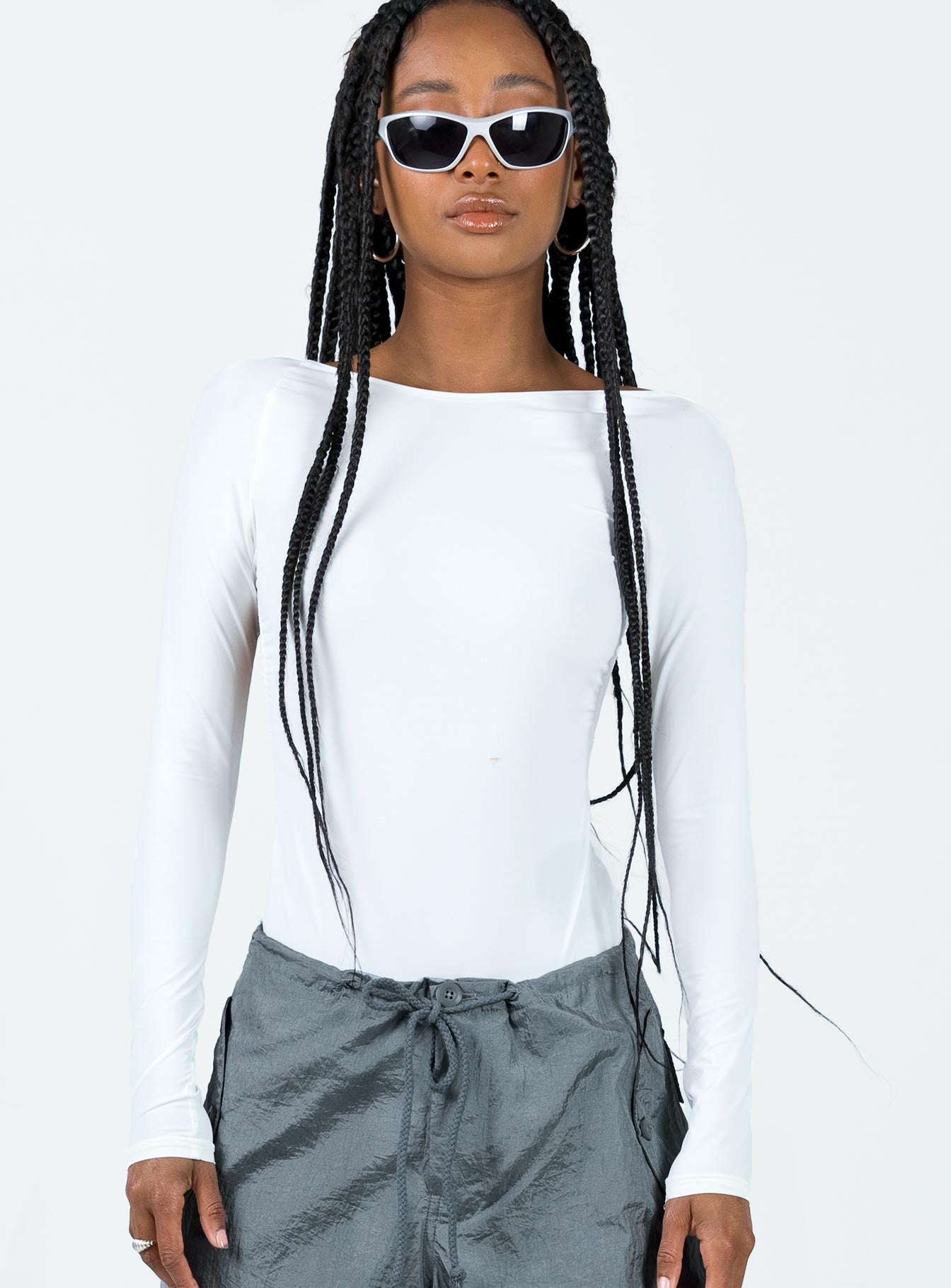 front view of model wearing Princess Polly Gatewood Long Sleeve Bodysuit White Full Sleeves Boat Neck 