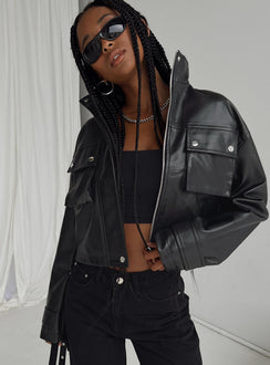 Cropped jacket Faux leather material High neck Zip & press button fastening Twin chest pockets Single button cuff