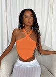 Crop top Knit material  High neckline  Twisted back straps  Back tie fastening  Exposed back  Pointed hem 