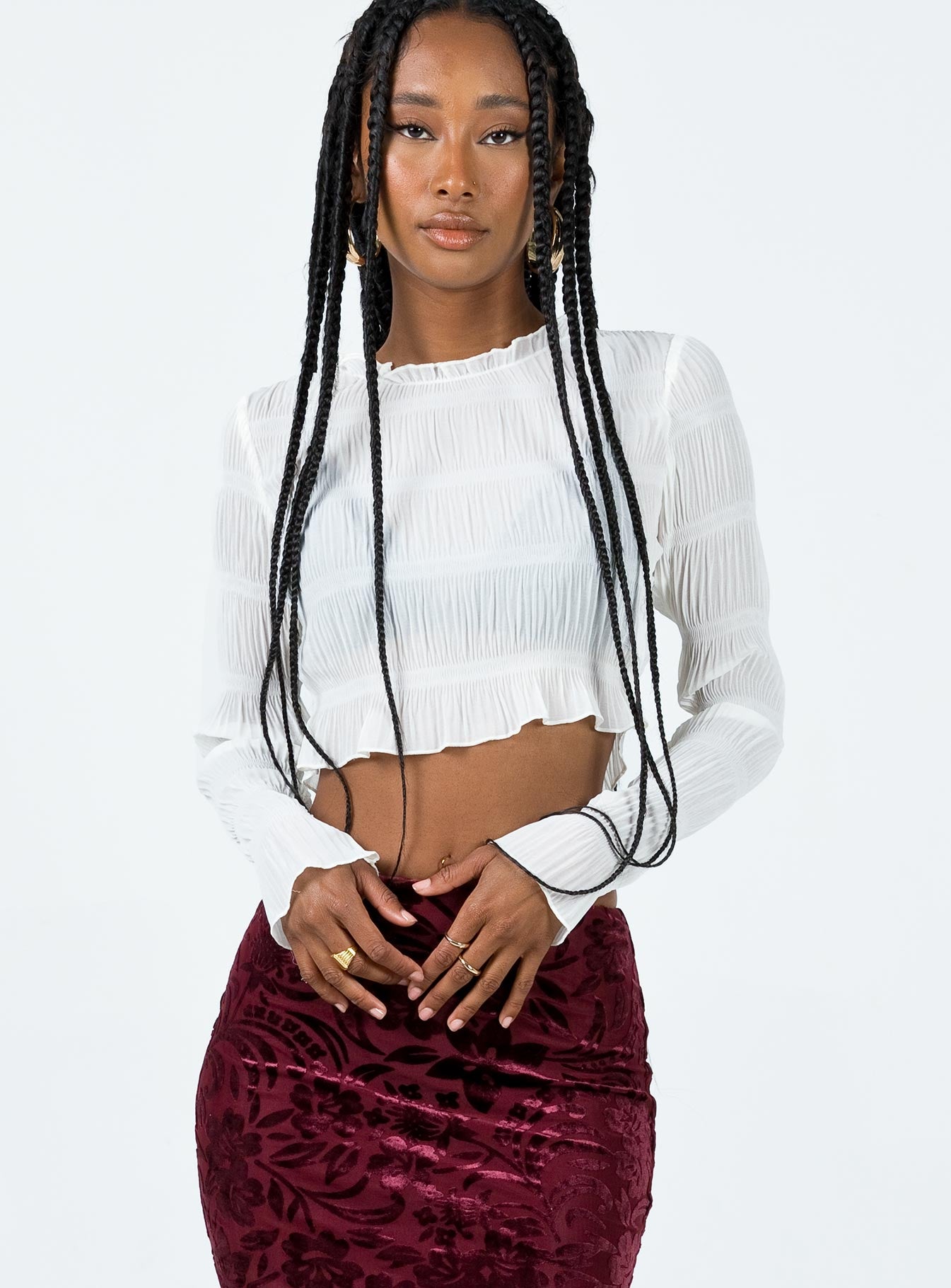 Front view of model wearing  front Princess Polly Full Sleeves High Neck  Wallach Long Sleeve Top White