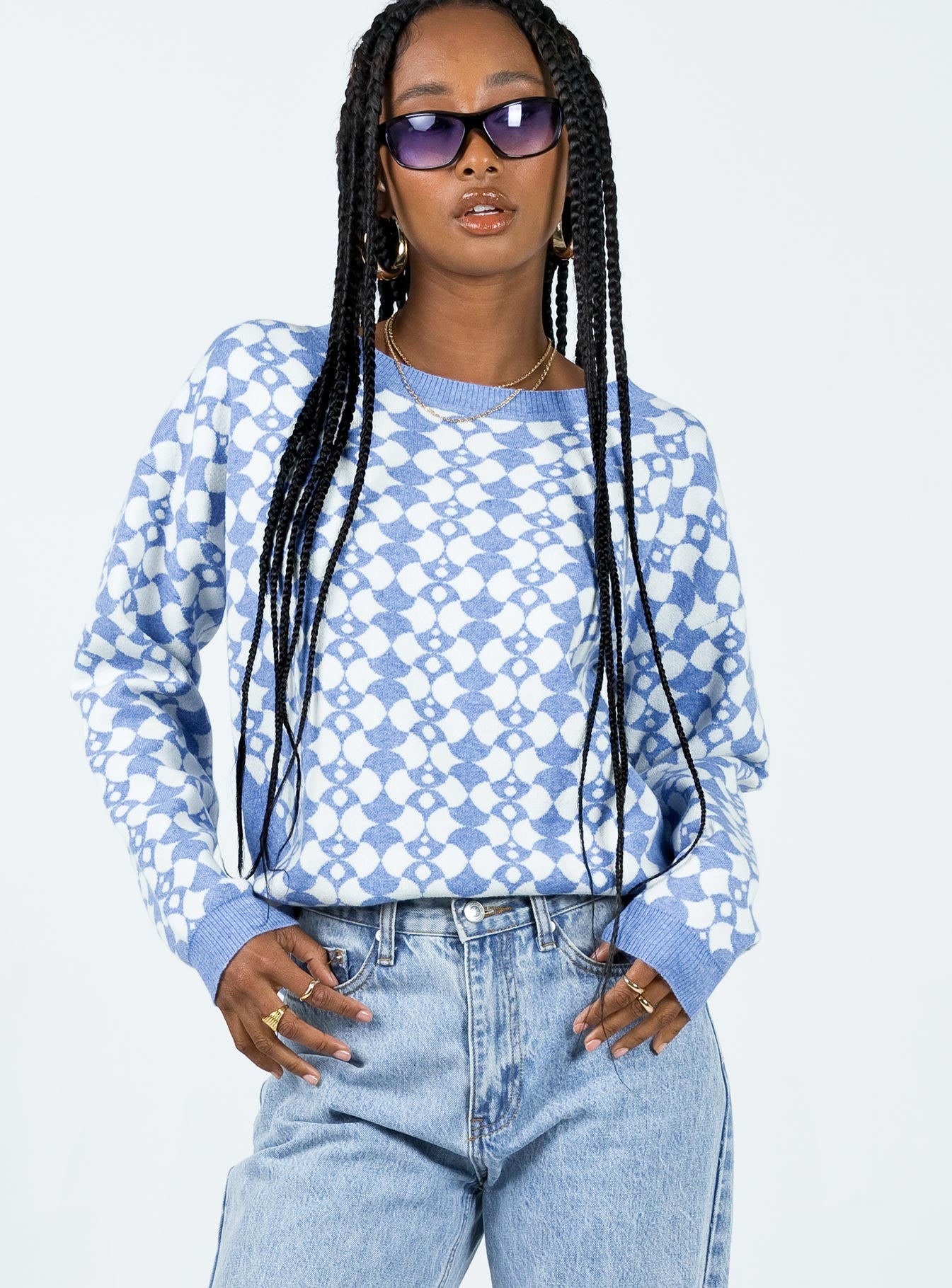 Elewa Geo Sweater Blue / White Princess Polly  Cropped 