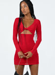 Front view of model wearing  front Princess Polly Scoop Neck  Saffron Mini Dress Red