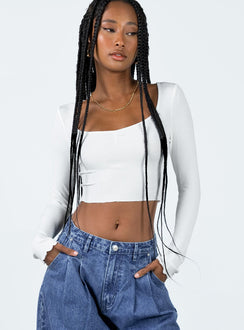 Front view of model wearing  front Princess Polly Full Sleeves Square Neck  Corley Long Sleeve Top White