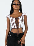 Corset top Graphic print Cap sleeves Square neckline Lace-up fastening at front Boning throughout  Zip fastening at back