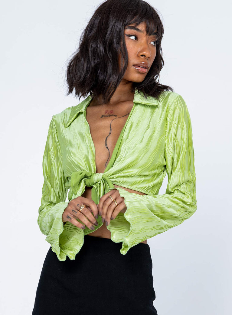 front view of model wearing Princess Polly Talissa Long Sleeve Top Green 