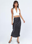   front view of model wearing Princess Polly Tyra Satin Midi Skirt Black 