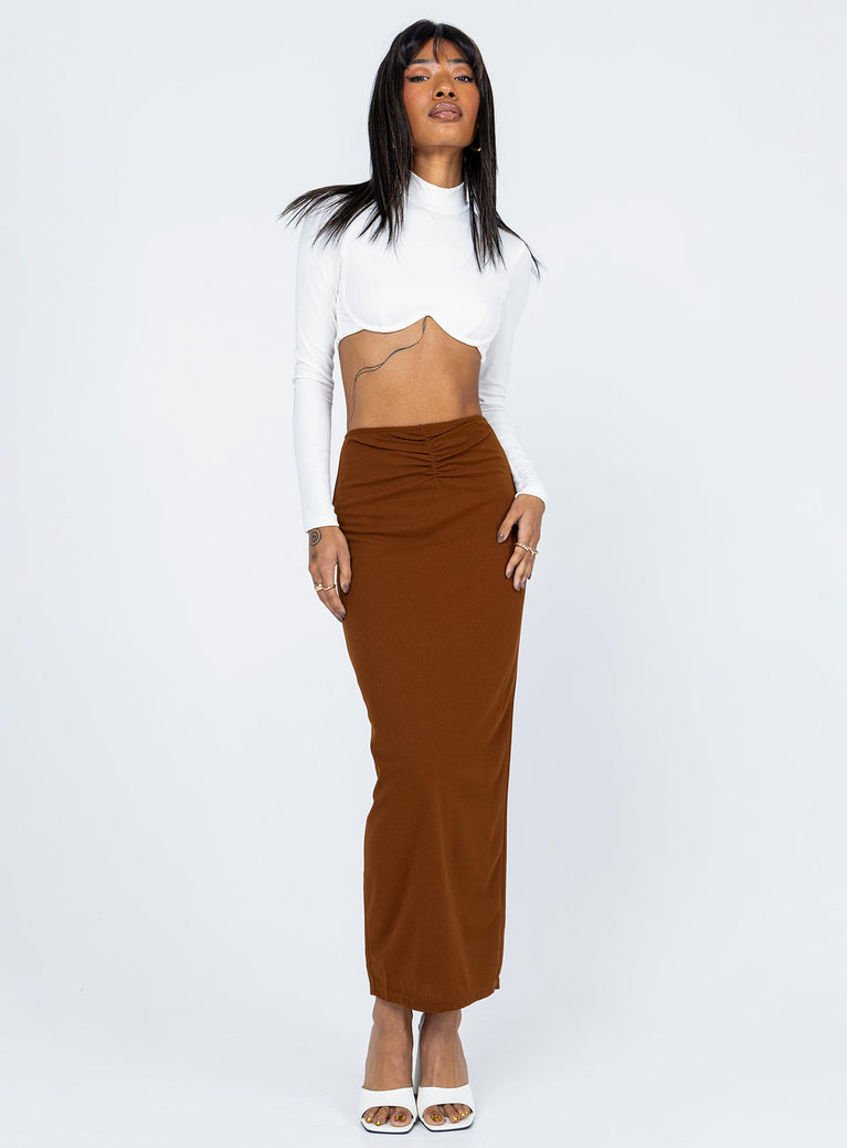   front view of model wearing Princess Polly Jones Maxi Skirt Brown 