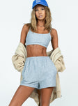 Grey matching set Quilted material Crop top Fixed straps Invisible zip fastening at side High waisted shorts Elasticated waistband