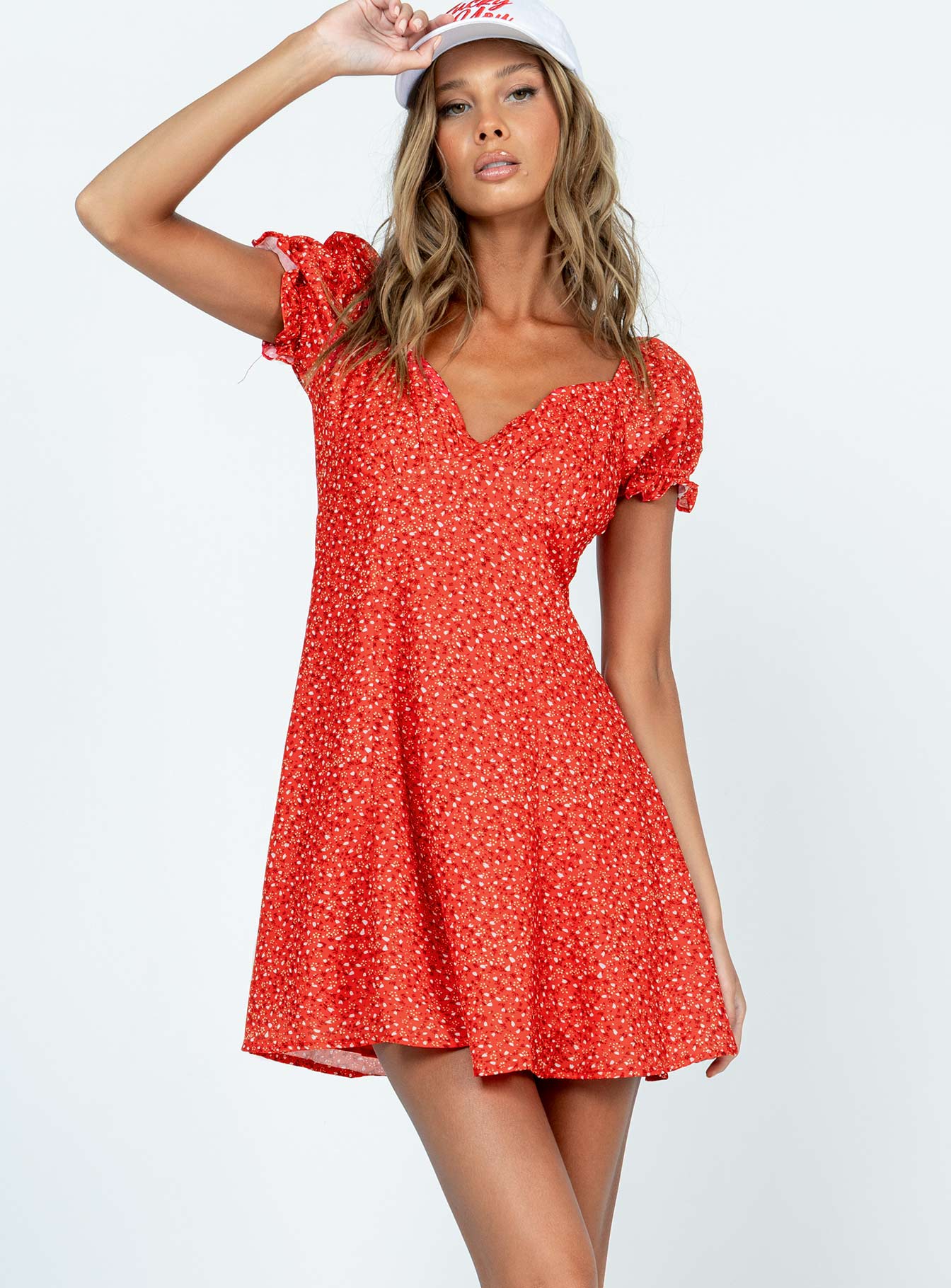 Front view of model wearing  front Princess Polly Crew Neck  Baily Mini Dress Red