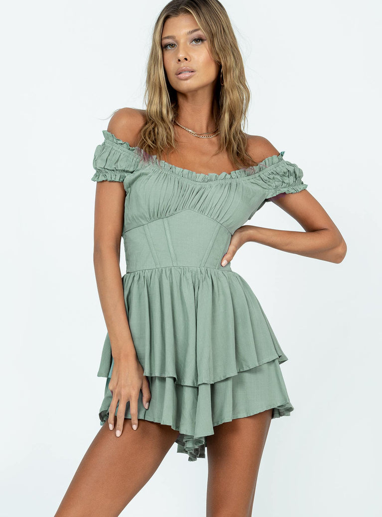 Sage romper Elasticated shoulders & neckline  Can be worn on or off the shoulder  Gathered bust  Boning through waist  Shirred back panel  Layered bottom 