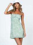 front view of model wearing Princess Polly Tallie Mini Dress Green Floral Square Neck 