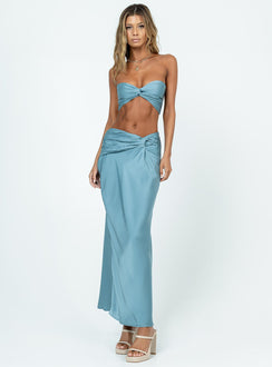 Blue matching set Crop top  Pleated bust  Inner silicon strip  Back tie fastening  High waisted maxi skirt  Pleated waistband  Invisible zip fastening at side 