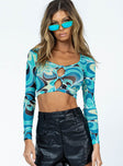 front view of model wearing Princess Polly Bestwick Long Sleeve Top Teal Floral Full Sleeves Scoop Neck 