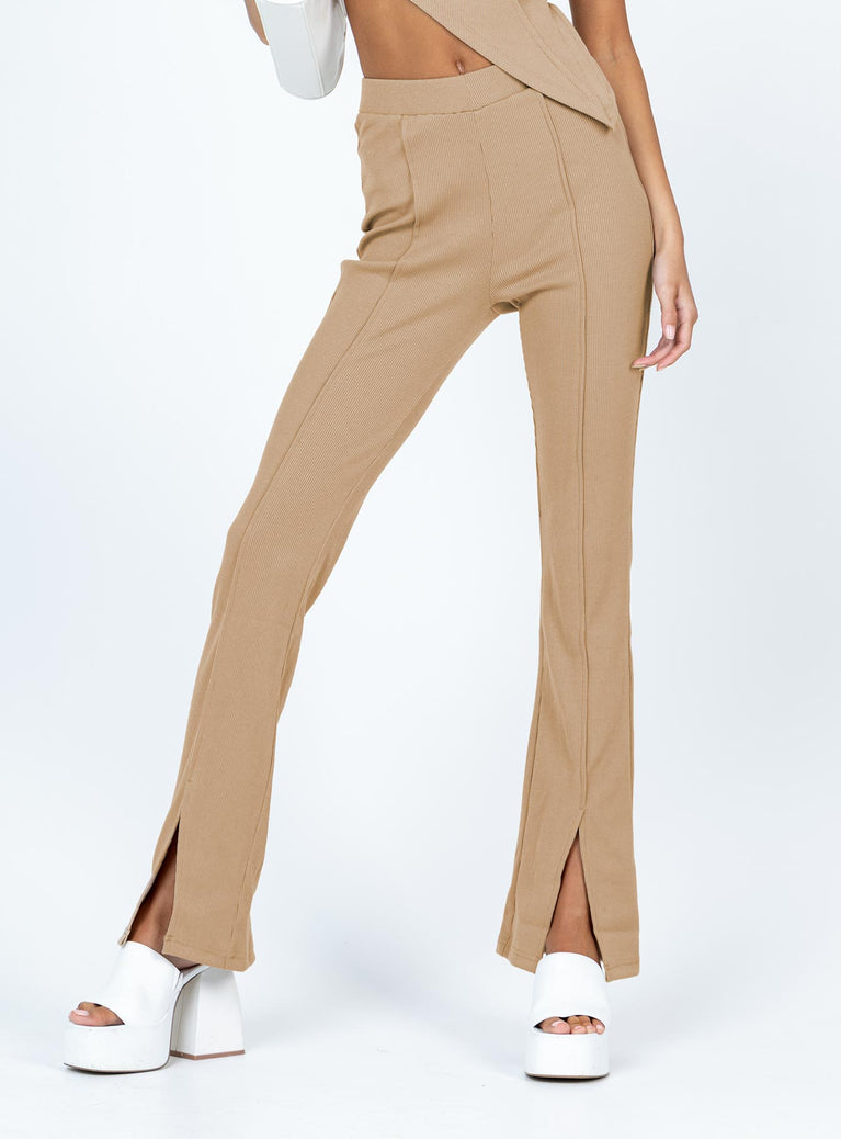 Front view of model wearing  front Princess Polly High Waisted Pants High Waisted Pants  Fayth Ribbed Pants Brown