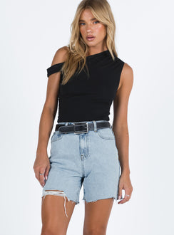 front view of model wearing Princess Polly Maggie Denim Shorts Mid Wash High Waisted Shorts 