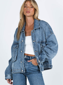 Oversized jacket Mid wash denim Classic collar Drop shoulder Button fastening at front Oversized chest pocket Single button cuff