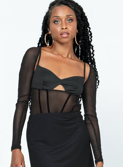 front view of model wearing Princess Polly Ashmore Long Sleeve Bodysuit Black Full Sleeves Sweetheart 