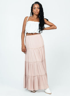   front view of model wearing Princess Polly Miriah Maxi Skirt Beige Maxi 