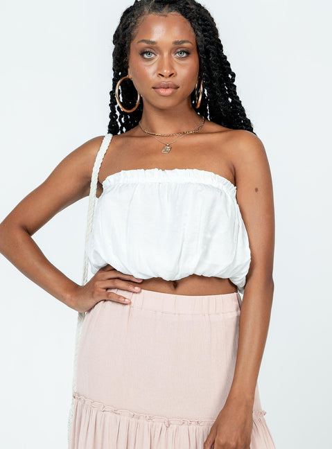 Front view of model wearing  front Princess Polly Sleeveless Square Neck  Stockard Strapless Top White
