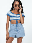 Denim shorts Mid-wash denim Zip & button fastening Belt loops at waist Two back pockets